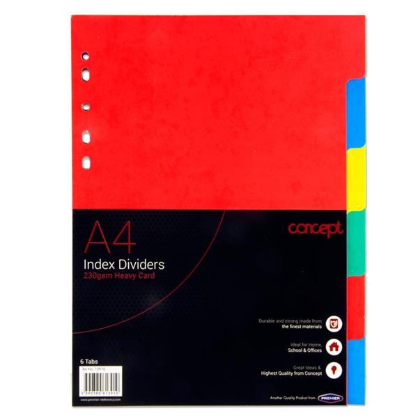 * CONCEPT 230gsm EXTRA STRONG INDEX SUBJECT DIVIDERS - 6 PART