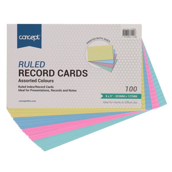 CONCEPT PKT.100 8"x5" RULED RECORD CARDS - COLOUR