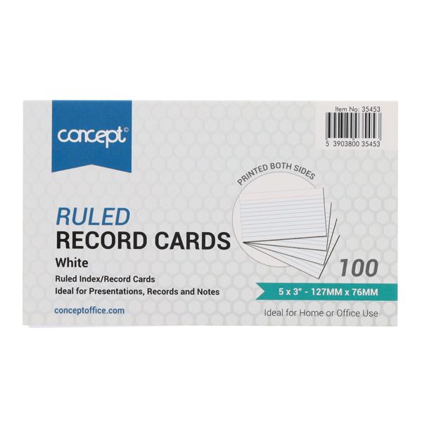 CONCEPT PKT.100 5"x3" RULED RECORD CARDS - WHITE