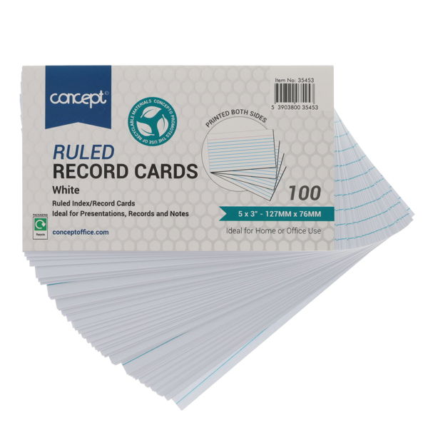 CONCEPT PKT.100 5"x3" RULED RECORD CARDS - WHITE