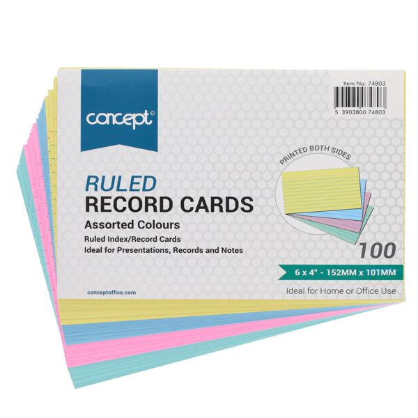 CONCEPT PKT.100 6"x4" RULED RECORD CARDS - COLOUR