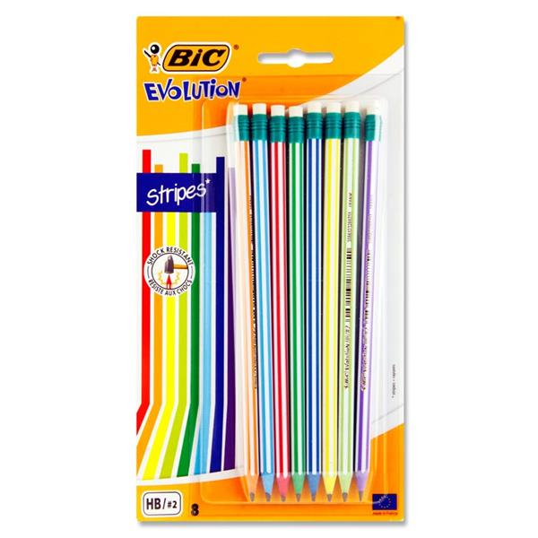 BIC CARD 8 ASST EVOLUTION PENCILS & ERASERS HB - STRIPES