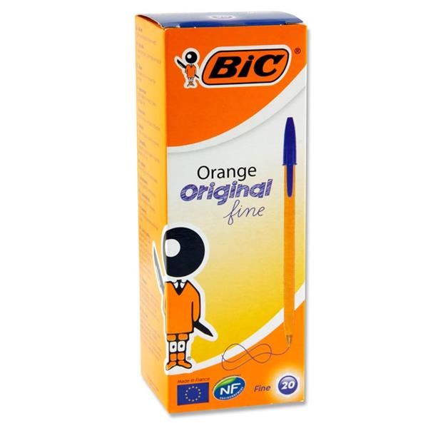 * BIC BOX 20 ORANGE ORIGINAL FINE BALLPOINT PENS - BLUE