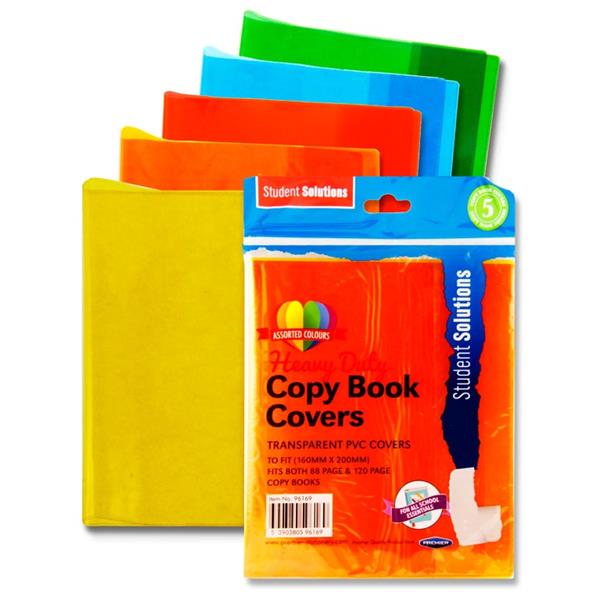 * STUDENT SOLUTIONS PKT.5 PVC HEAVY DUTY COPY BOOK COVERS - 5 ASST TRANSPARENT COLOURS