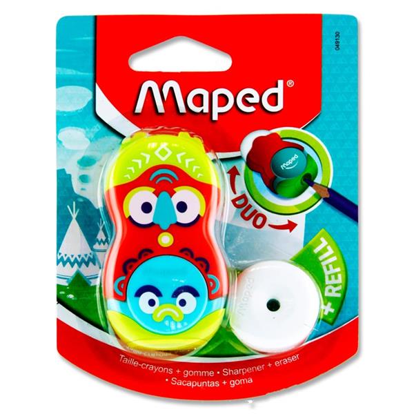 * MAPED DUO LOOPY CARDED SHARPENER & ERASER W/REFILL - TRIBAL 3 ASST.