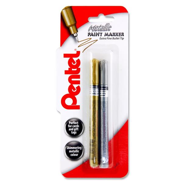 PENTEL CARD 2 METALLIC PAINT MARKERS SILVER & GOLD - EXTRA FINE