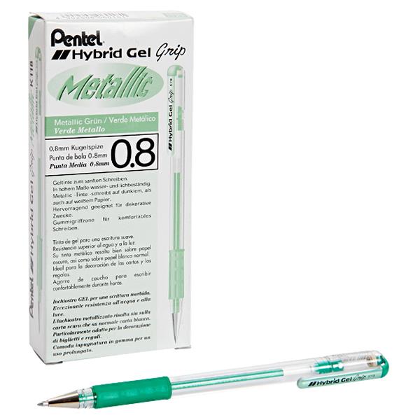 * PENTEL HYBRID GEL GRIP K118 0.8mm METALLIC GEL PEN - GREEN