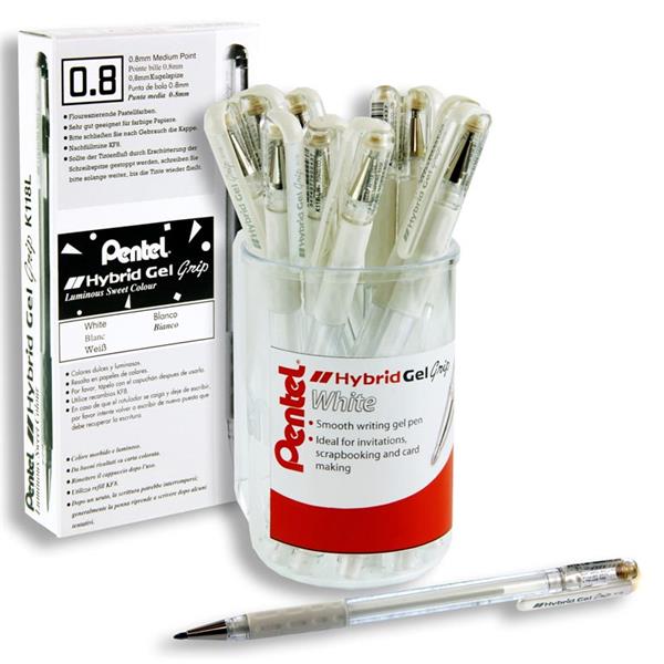 PENTEL HYBRID GEL GRIP K118 0.8mm GEL PEN - WHITE CDU