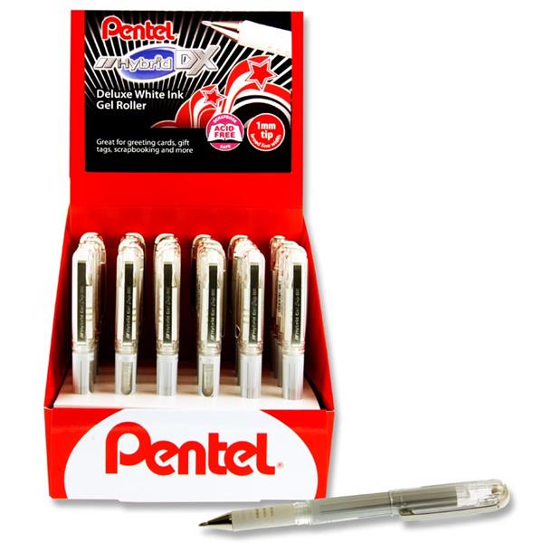 PENTEL HYBRID DX 1.0mm GEL ROLLER PEN - WHITE INK CDU