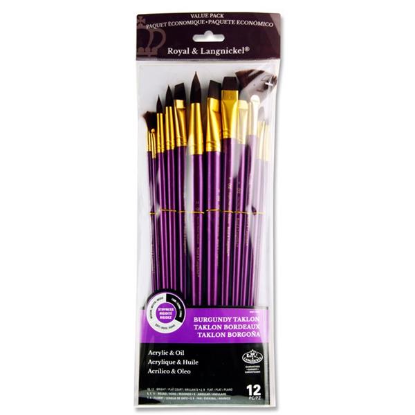 12pce LONG HANDLE BRUSH SET IN WALLET - FIRM BURGUNDY & TAKLON