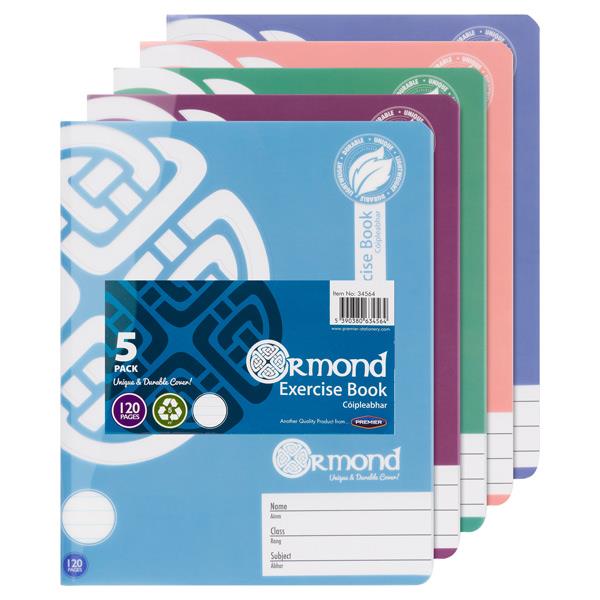 ORMOND 120pg DURABLE COVER EXERCISE COPY BOOKS (Pack of 5 Assorted)