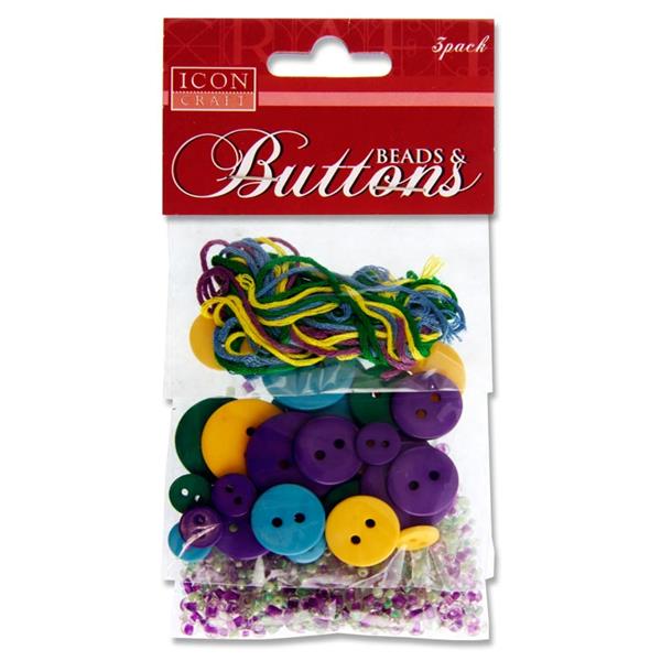 * ICON CRAFT 3 PACK BEADS BUTTONS & THREADS - PURPLE & YELLOW 2 ASST