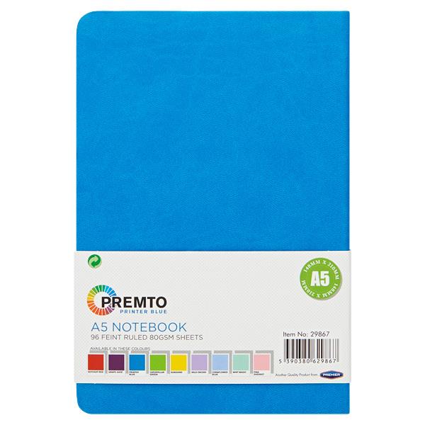 * PREMTO A5 192pg HARDCOVER PU NOTEBOOK - PRINTER BLUE