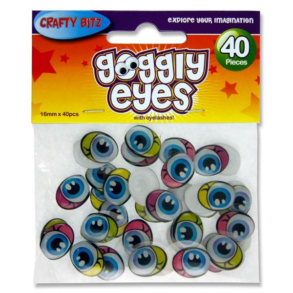 * CRAFTY BITZ PKT.40 COLOURED SELF ADHESIVE GOGGLY EYES - 16mm