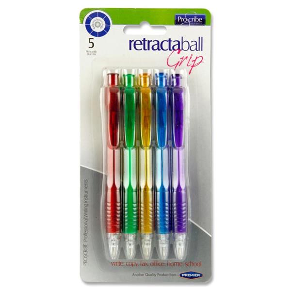 PROSCRIBE CARD 5 ASST. RETRACTABLE BALLPOINT PENS - COLOURED