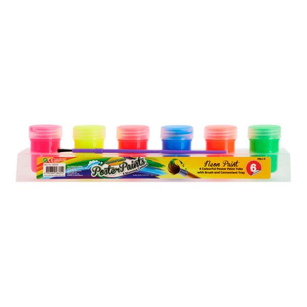 WORLD OF COLOUR 6x20g NEON POSTER PAINT TUBS IN PLATFORM W/BRUSH